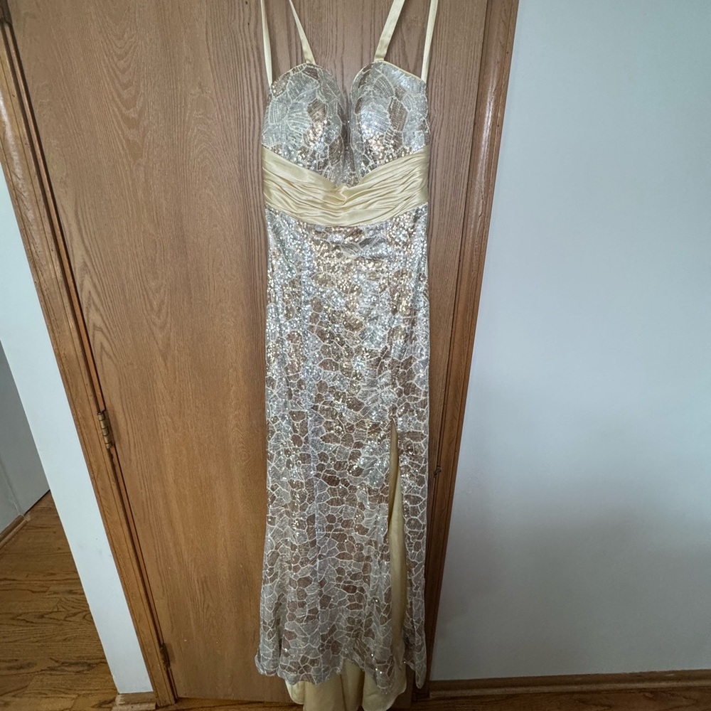 Elegant Gold Lace Sequin Evening Gown - Strappy Formal Dress